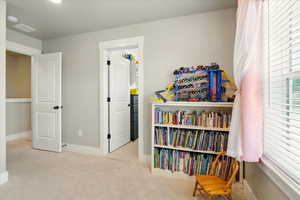 Living area featuring carpet flooring and baseboards