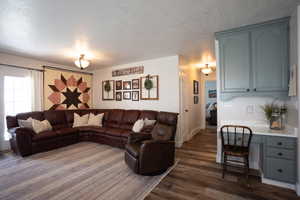 Living area with dark wood-style flooring and a textured ceiling