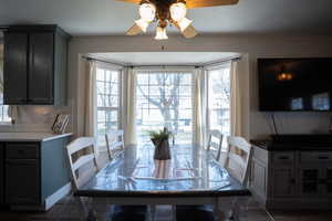 Dining room featuring ceiling fan and dark wood-type flooring