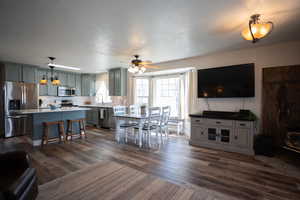Living room featuring ceiling fan and dark wood finished floors