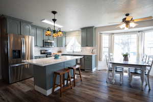 Kitchen with stainless steel appliances, dark wood-type flooring, light countertops, tasteful backsplash, and a center island