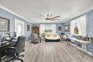 Office area with wood finished floors, crown molding, a ceiling fan, and a textured ceiling