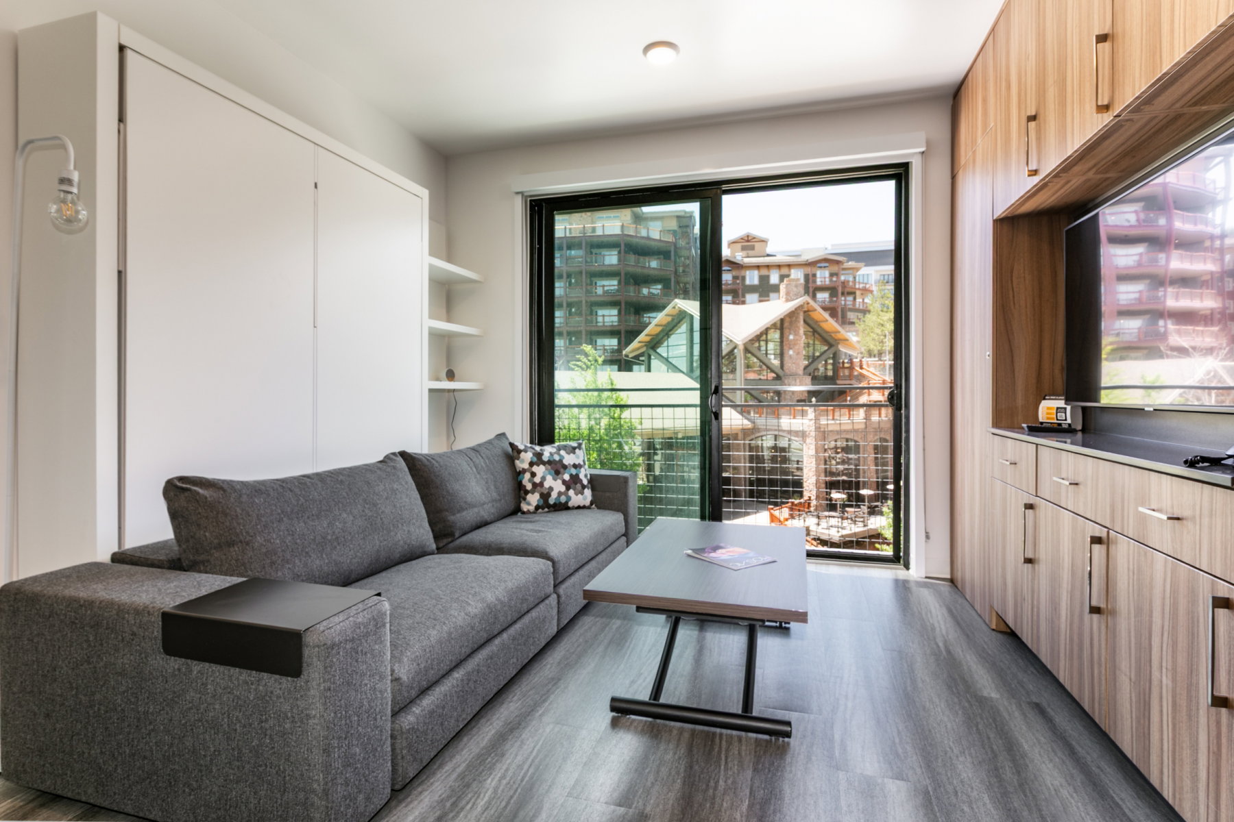 Living room featuring dark wood-style floors