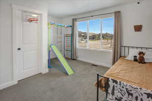 Bedroom with carpet flooring and baseboards