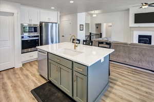 Kitchen with appliances with stainless steel finishes, light wood finished floors, recessed lighting, and open floor plan