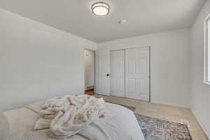 Carpeted bedroom featuring a closet