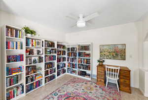 Office with bookshelves, ceiling fan, and carpet