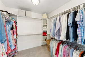 Walk in closet with carpet floors