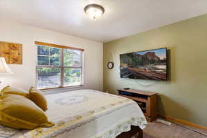 Bedroom with carpet floors and a textured ceiling