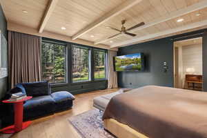 Bedroom with wood finished floors, a wooden ceiling with exposed beams, recessed lighting, and ceiling fan