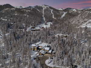Snowy aerial view featuring a mountain view and a wooded view