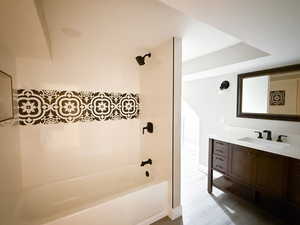 Full bathroom featuring bathing tub / shower combination, vanity, and wood finished floors
