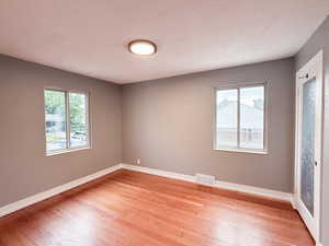 Spare room featuring light wood-style flooring, healthy amount of natural light, and a textured ceiling