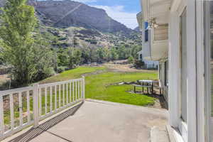 View of patio / terrace featuring a mountain view