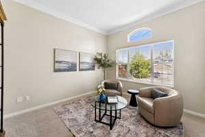 Sitting room with carpet and ornamental molding