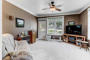 Living room with ornamental molding, carpet floors, and a ceiling fan