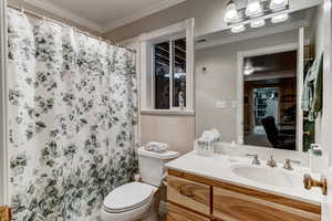 Bathroom with vanity, crown molding, and a shower with curtain