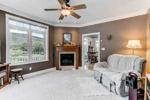 Living area with plenty of natural light, a tile fireplace, ornamental molding, and a ceiling fan
