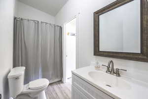 Bathroom featuring vanity, wood finished floors, and a shower with shower curtain
