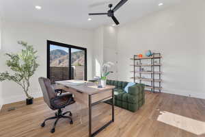 Office area with a ceiling fan, light wood finished floors, and recessed lighting. this is also listed as the 2nd bdm on main floor