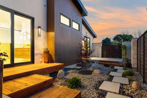 Zen Garden at dusk with a wooden deck