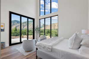 Bedroom featuring access to exterior, light wood-style floors, a mountain view, and a high ceiling