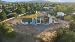 Aerial perspective of suburban area with mountains