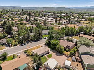 Aerial view of residential area with mountains