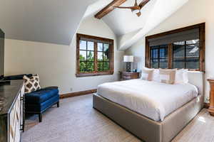 Bedroom with carpet and ceiling fan
