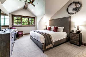 Bedroom featuring carpet flooring and a ceiling fan