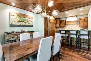 Dining area featuring wooden ceiling, a chandelier, dark wood-style flooring, and recessed lighting