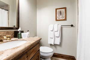 Bathroom with vanity and a shower with curtain