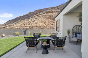 View of patio / terrace featuring a mountain view