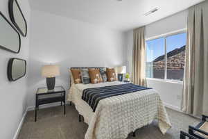 Bedroom featuring carpet and a mountain view