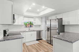 Kitchen featuring stainless steel appliances, light wood finished floors, open shelves, decorative backsplash, and a tray ceiling