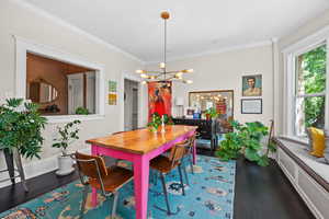 Dining area with a chandelier, dark wood-style floors, ornamental molding, and healthy amount of natural light