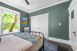 Bedroom with radiator, multiple windows, dark wood-type flooring, ornamental molding, and a ceiling fan