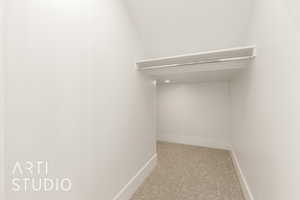 Walk in closet with light carpet