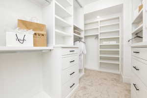 Walk in closet with light colored carpet