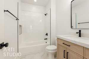 Full bath with vanity, shower / bathtub combination, recessed lighting, and light marble finish floors