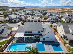 Aerial view of mountains and a pool area