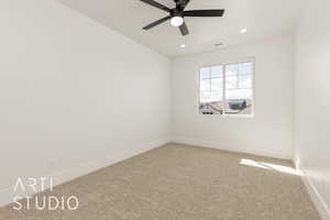 Unfurnished room featuring carpet flooring, recessed lighting, and ceiling fan
