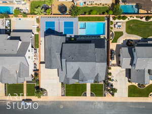 Drone / aerial view of a pool area