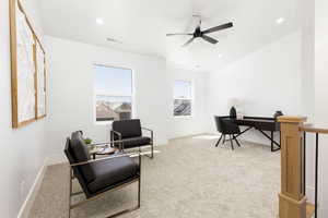 Home office with light carpet, recessed lighting, and ceiling fan
