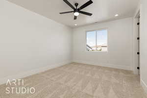 Unfurnished room featuring light carpet, recessed lighting, and ceiling fan