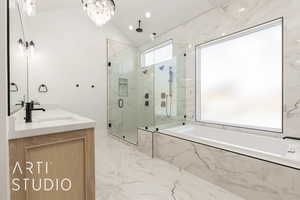 Bathroom with a garden tub, a marble finish shower, light marble finish floors, vaulted ceiling, and double vanity