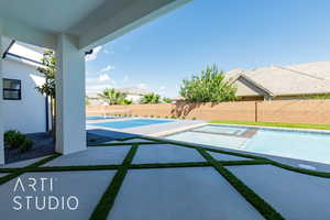 View of pool featuring a fenced backyard and a patio