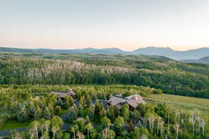 Aerial view at dusk of a forest view and a mountain view