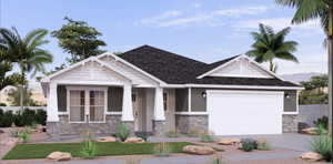Craftsman-style home featuring stone siding, an attached garage, driveway, and roof with shingles
