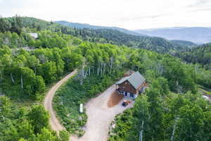 Aerial overview of property's location with a forest and a mountain backdrop